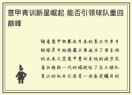 意甲青训新星崛起 能否引领球队重回巅峰